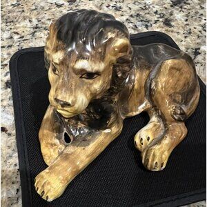Majolica 6” Reclining Cross Paw Lion Figurine Studio Art Signed Italy